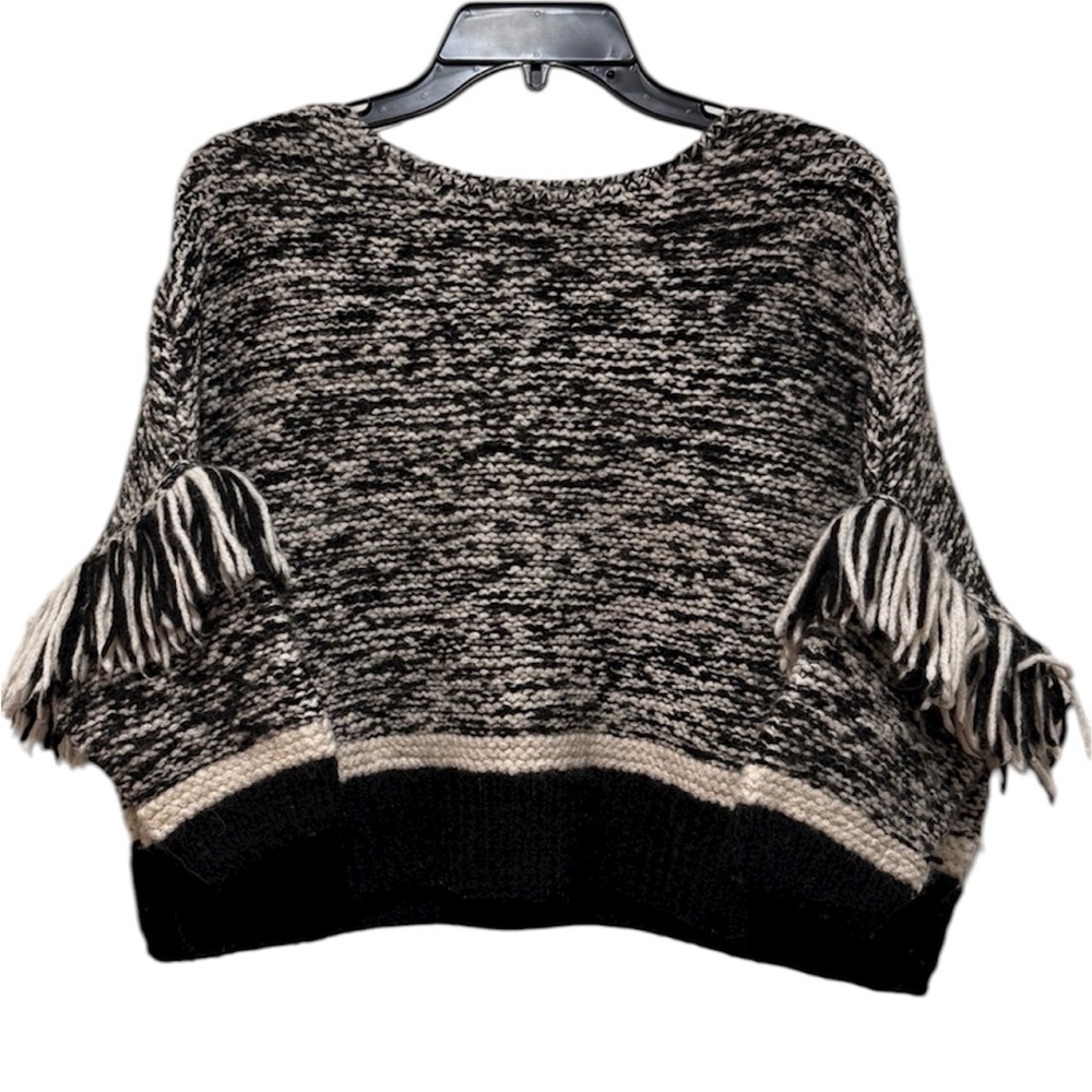 Eleven‎ Six Alpaca Tweed Knit Sweater XS Small Black White Fringe Boho Boxy Cozy